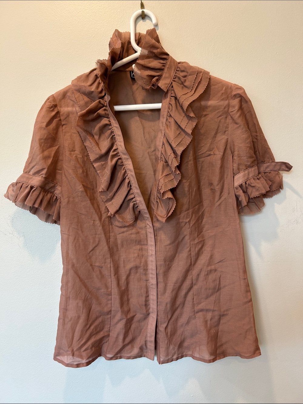 Ruffled V-Neck Short Sleeve Blouse in Dusty Rose